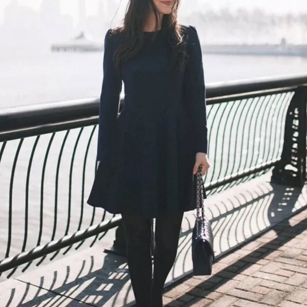 Gal Meets Glam Celeste Fit Flare Dress Navy Blue Long Sleeve Sz 4